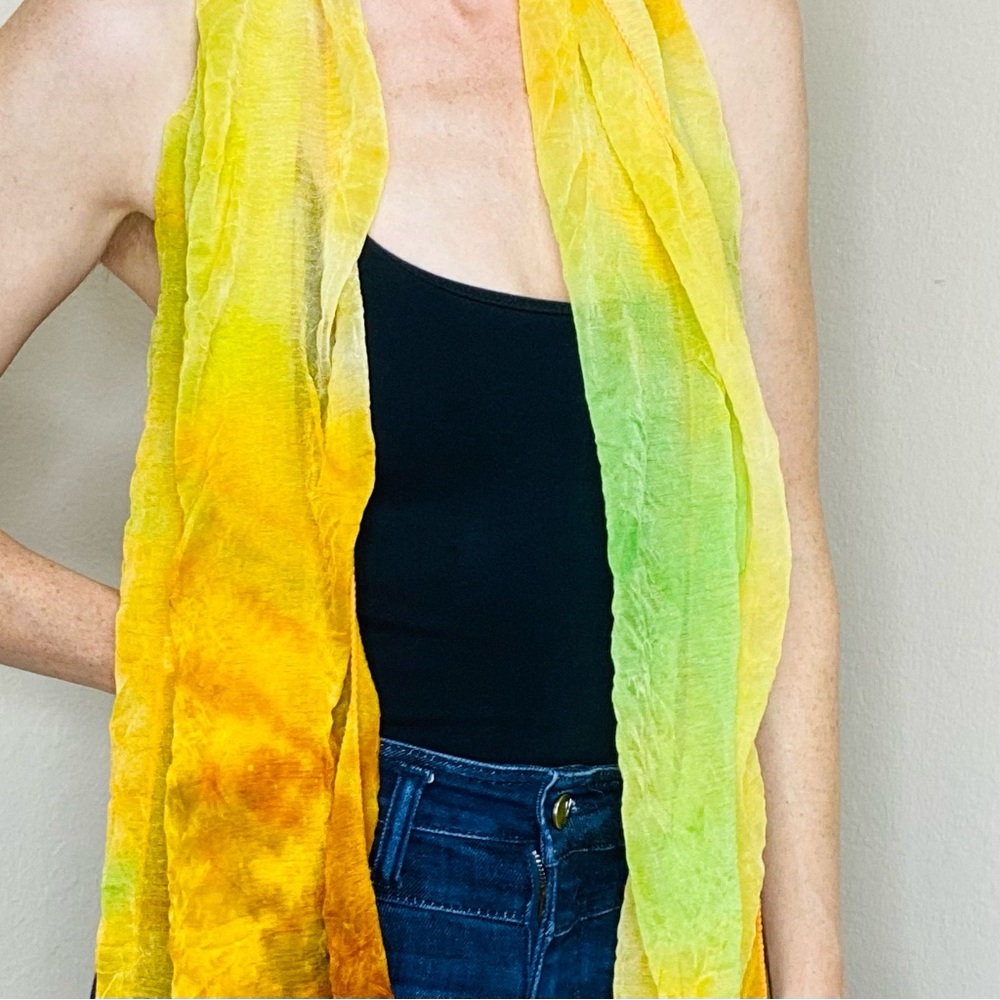 Hippie Yellow, Orange Tie Dye Small Light Sheer Neck Scarf - Picture 2 of 6
